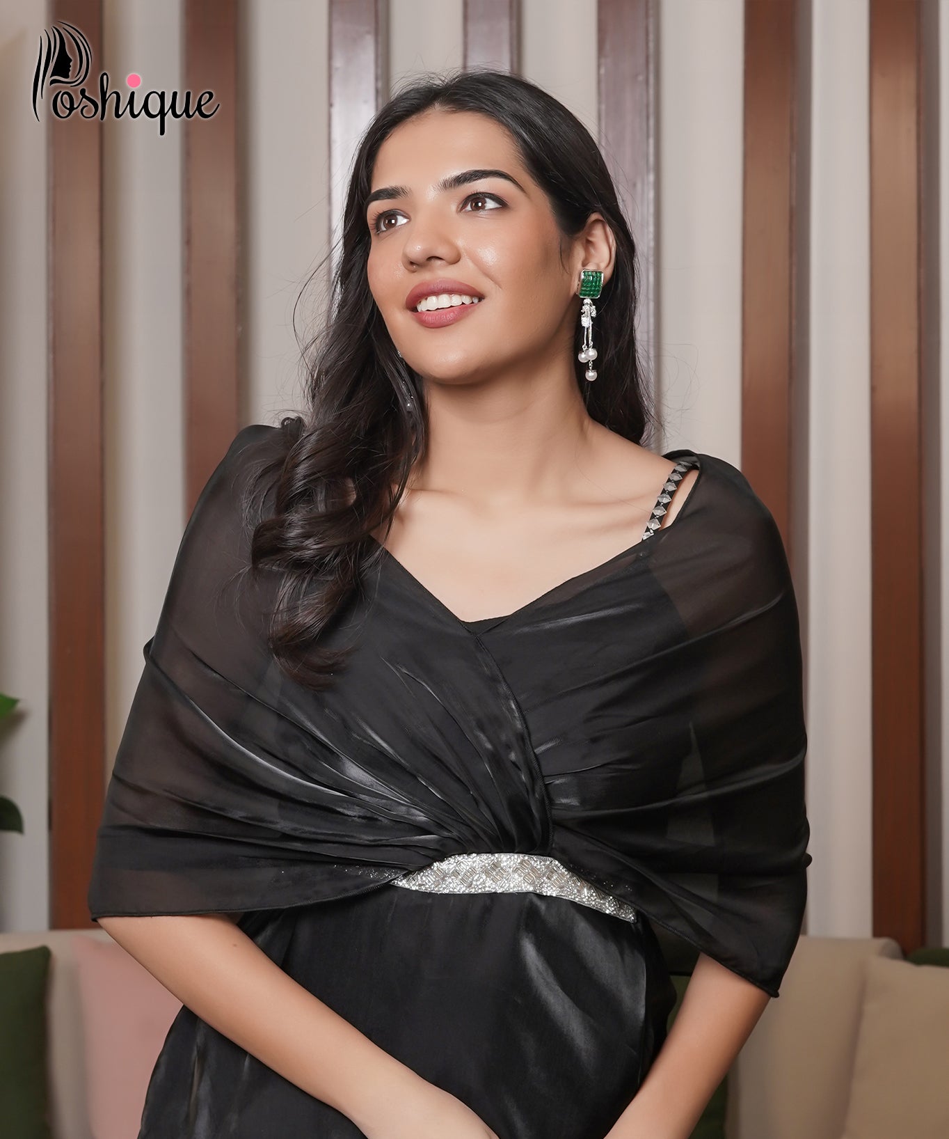 Poshique Black Sheer Layered Tie-Waist Top